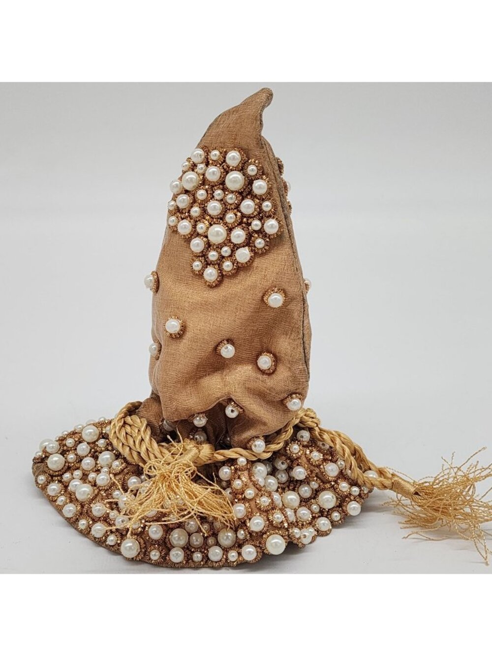 Beaded & Metal Tinsel Ornament Wizard Hat Christmas Decor Jeweled Faux Pearl VTG